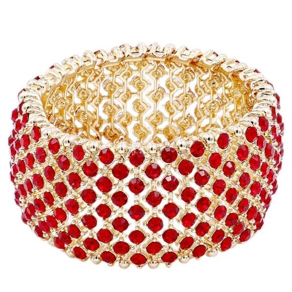 Yellow Gold and Ruby Red Austrian Crystal Tennis Stretchable Bracelet Bangle - Picture 1 of 5